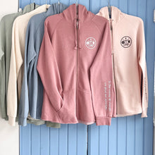 Load image into Gallery viewer, Crest Zip Hoodie BEACHY RED - your choice of saying