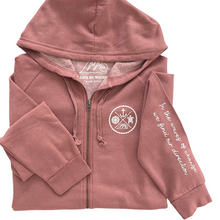 Load image into Gallery viewer, Crest Zip Hoodie BEACHY RED - your choice of saying
